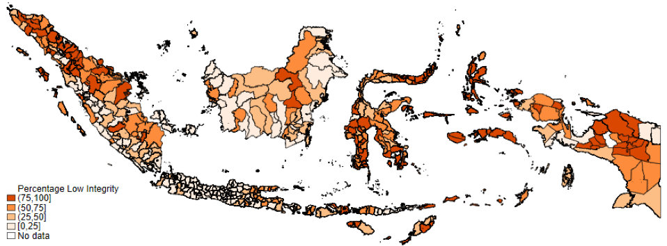 Map of Indonesia showing percentages of low integrity in districts